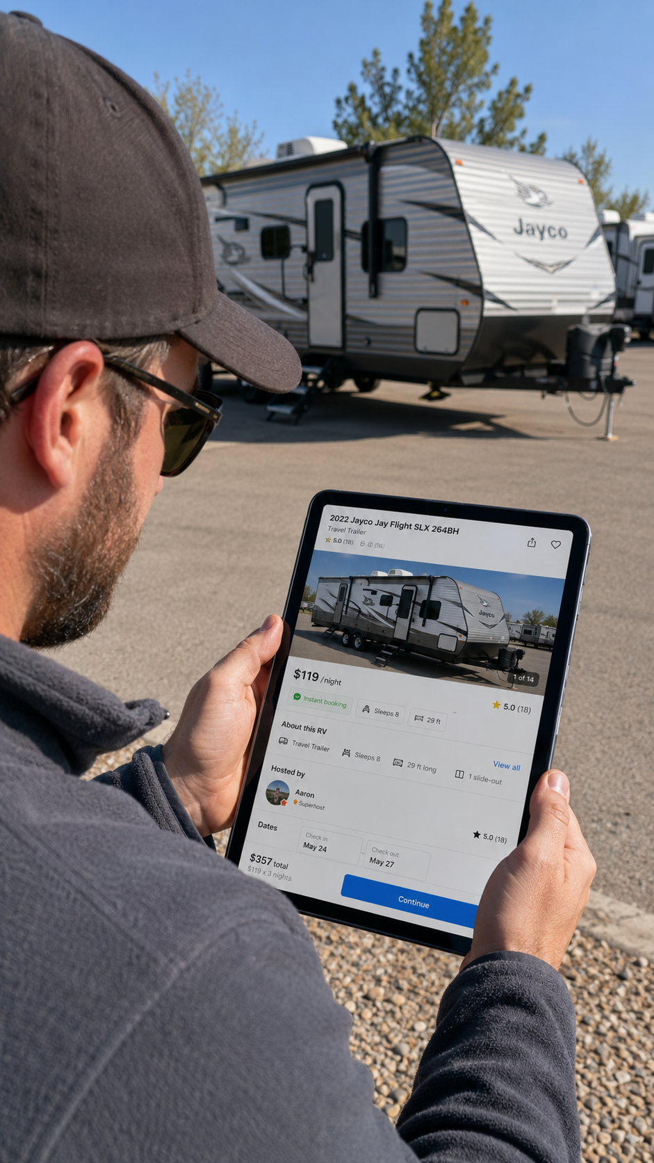 Renter reviewing Boise Camper Rentals RV rental prices on a listing screen