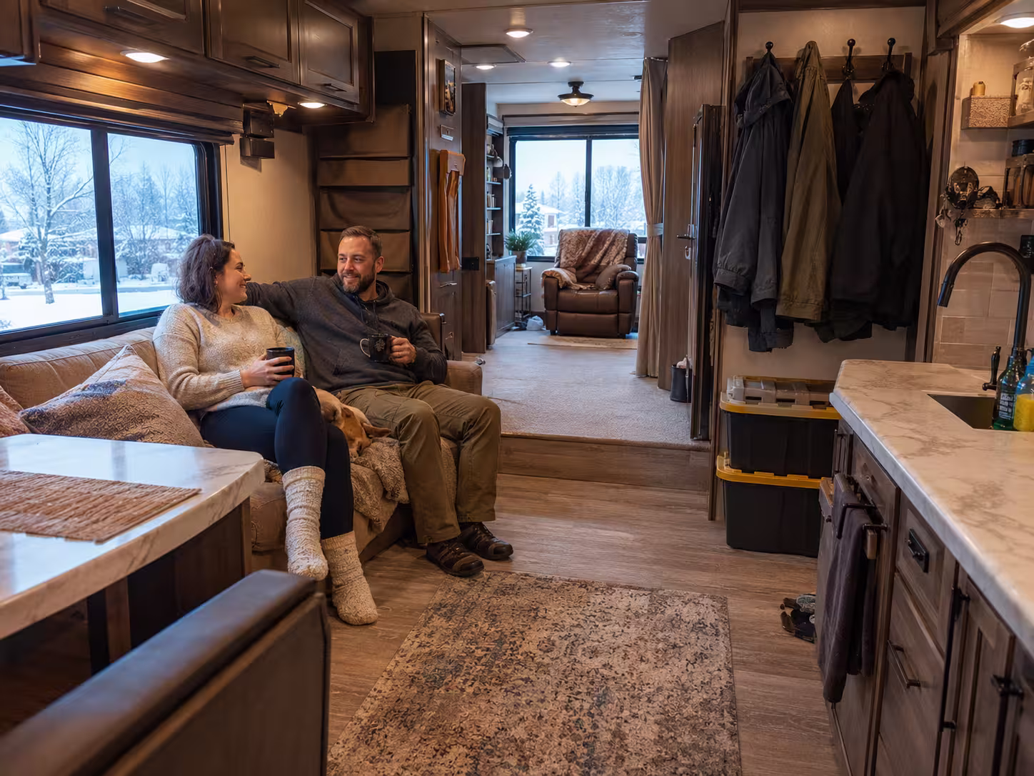 Couple in a slide-out RV during a long Boise winter stay