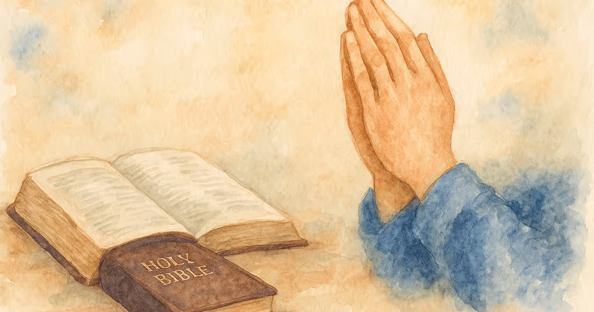 A watercolor illustration of a person praying with hands together beside an open Bible and a closed Holy Bible on a table.