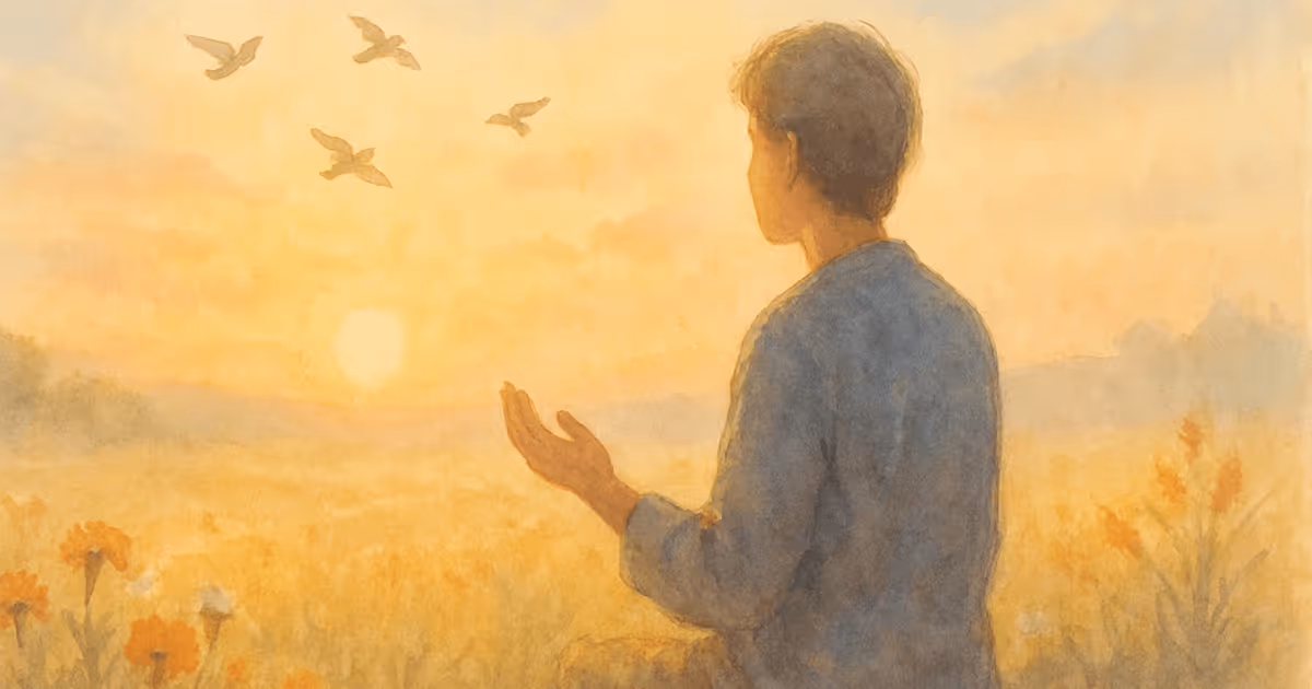 A watercolor illustration of a person sitting outdoors at sunrise with hands lifted, surrounded by flowers, as birds fly across the sky.