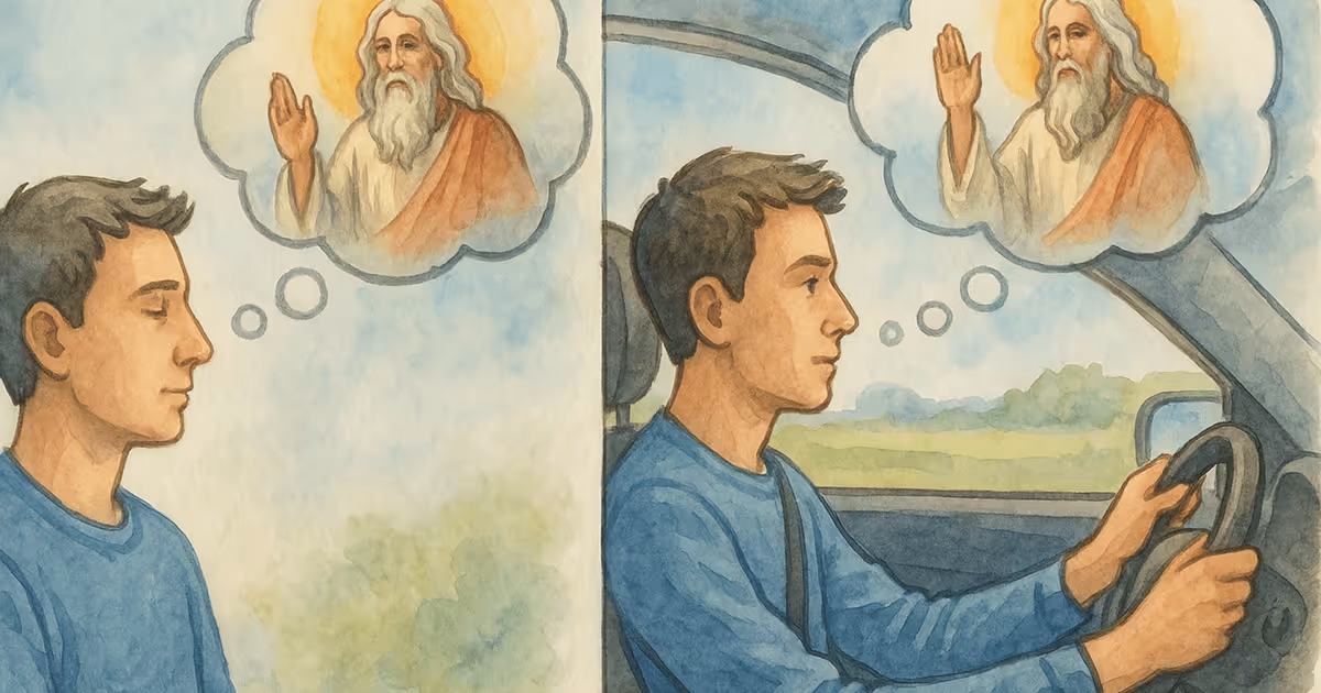 A watercolor illustration showing a person thinking of a holy figure while sitting and while driving, with both scenes side by side.