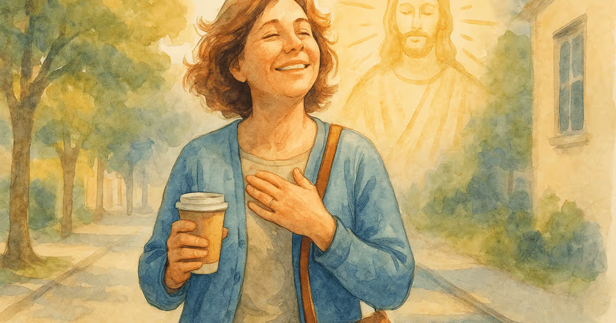 A watercolor illustration of a woman walking outdoors with a warm smile and a coffee cup, with a gentle glowing figure behind her symbolizing spiritual reflection.