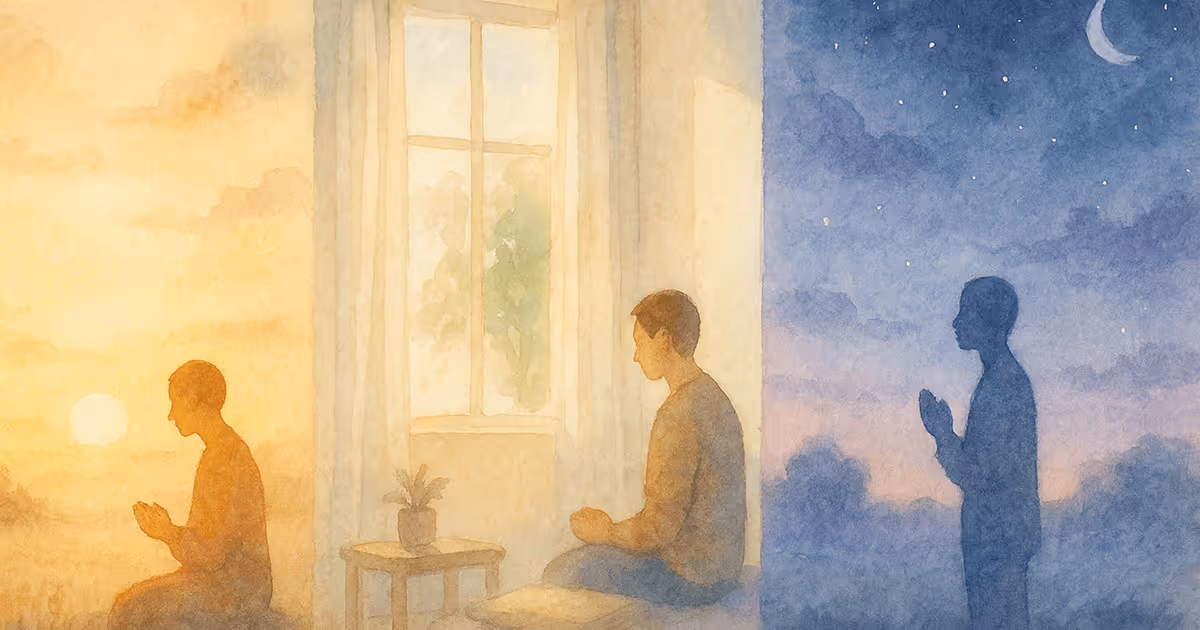 A watercolor illustration showing a person praying at sunrise, during the day indoors, and at night under the stars.