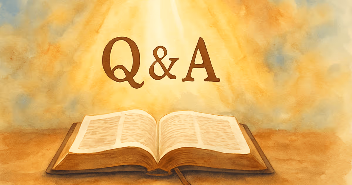 A watercolor illustration of an open book on a table with the letters Q and A above it against a warm, glowing background.