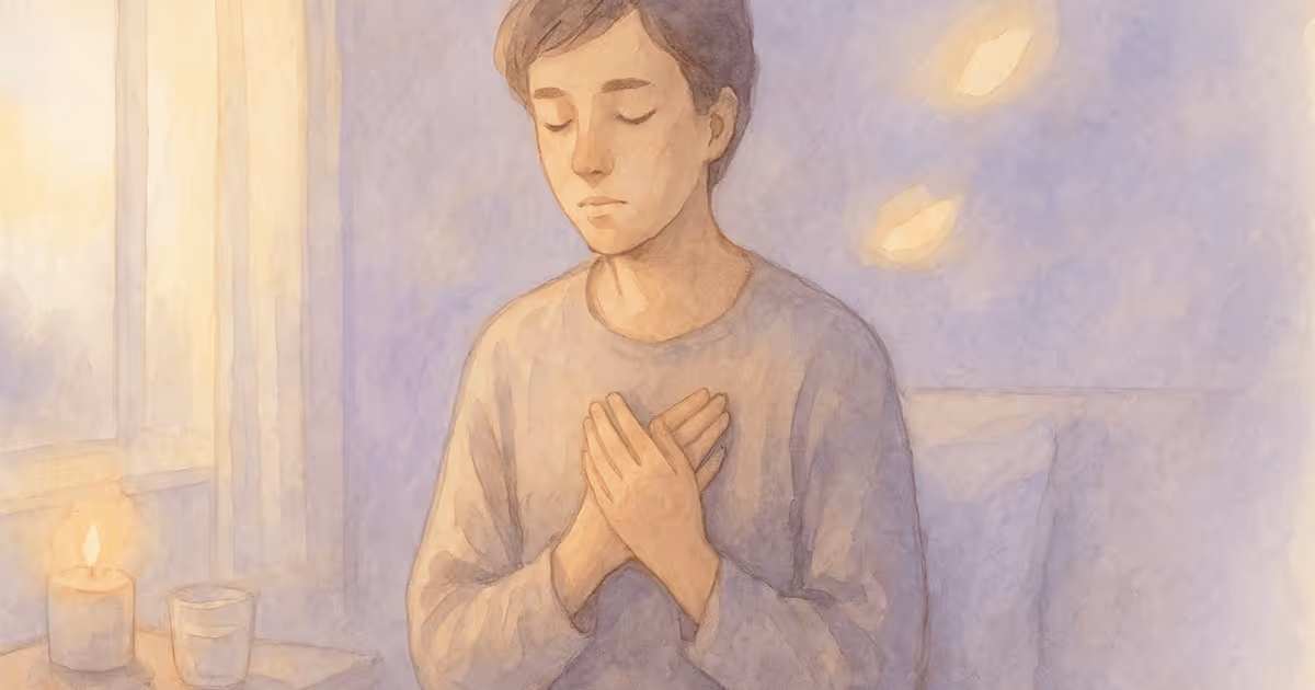 A watercolor illustration of a person sitting with eyes closed and hands crossed over their chest, with soft candlelight glowing nearby.