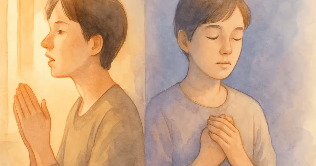 A watercolor illustration showing a person praying out loud with hands together on one side and praying silently with eyes closed on the other.