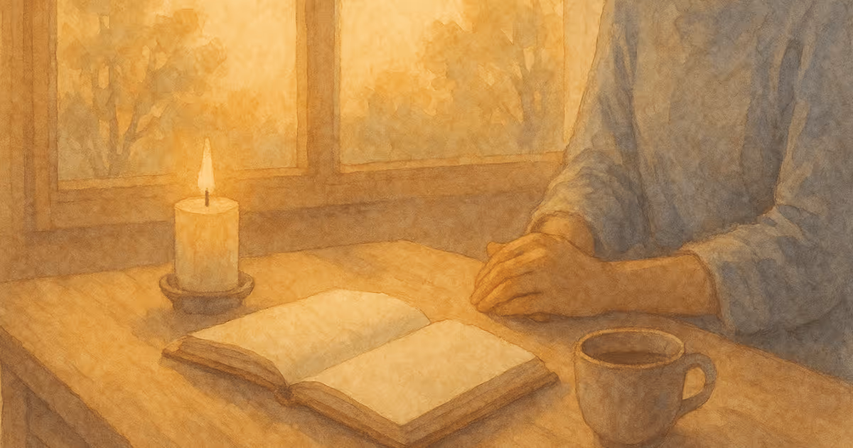 A watercolor illustration of a person sitting at a table with an open book, a lit candle, and a cup of coffee near a sunlit window.