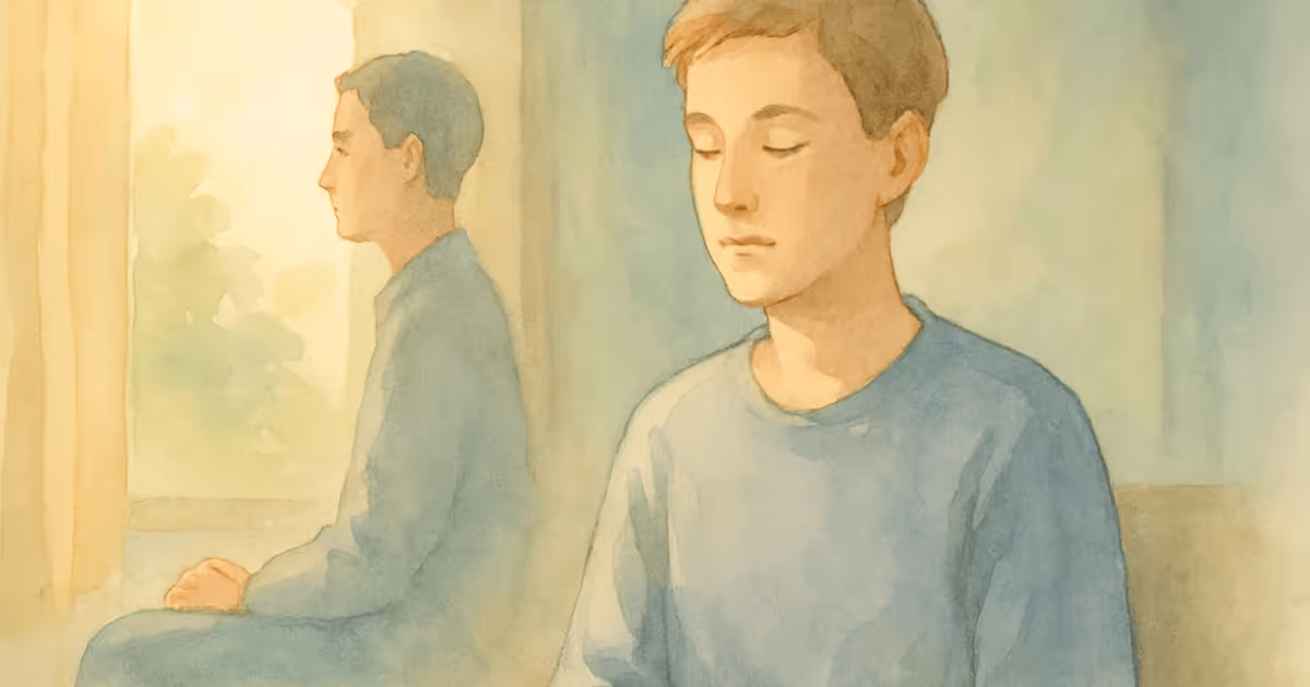 A watercolor illustration showing a person praying with eyes closed and another person praying with eyes open while sitting near a window.