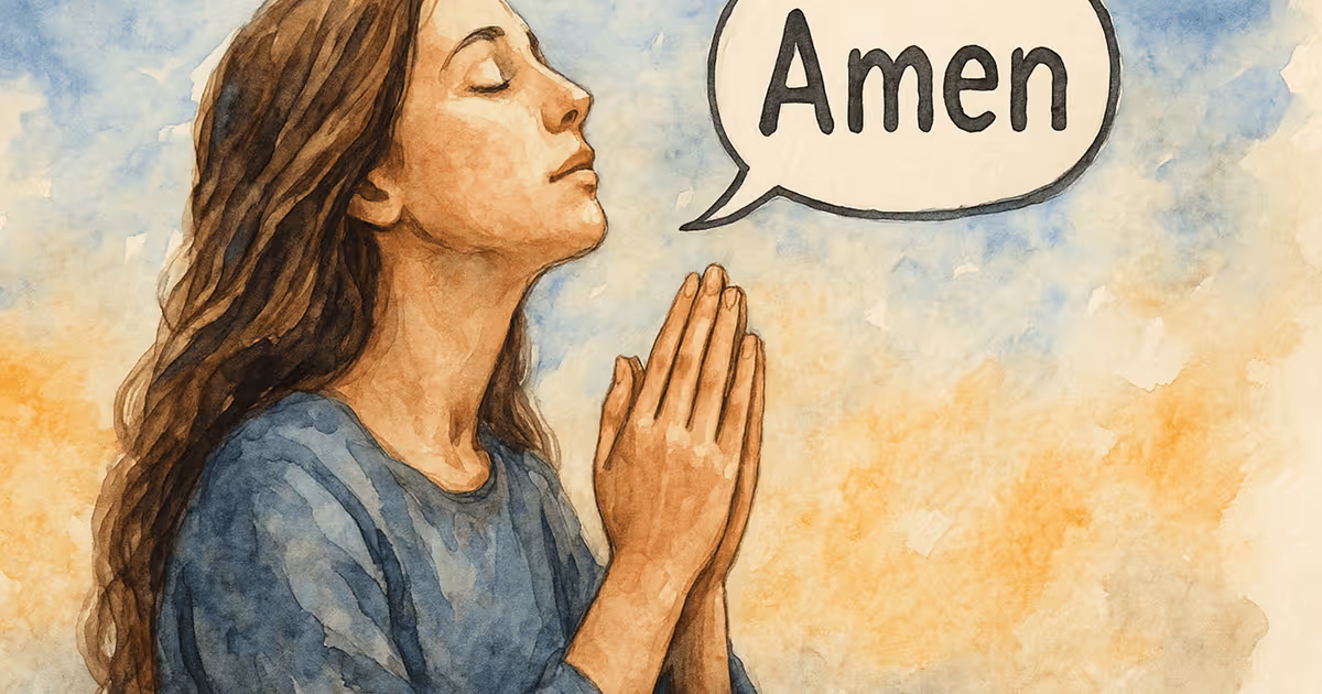 A watercolor illustration of a woman praying with hands together and eyes closed, with a speech bubble showing the word Amen.