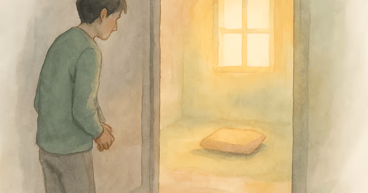 A watercolor illustration of a person standing at the doorway of a small room with warm light shining through a window onto a floor cushion.