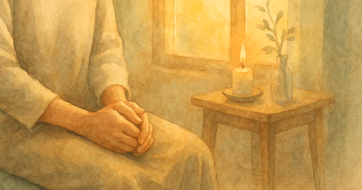 A watercolor illustration of a person sitting with hands folded in their lap near a window, next to a small table holding a lit candle and a vase with greenery.