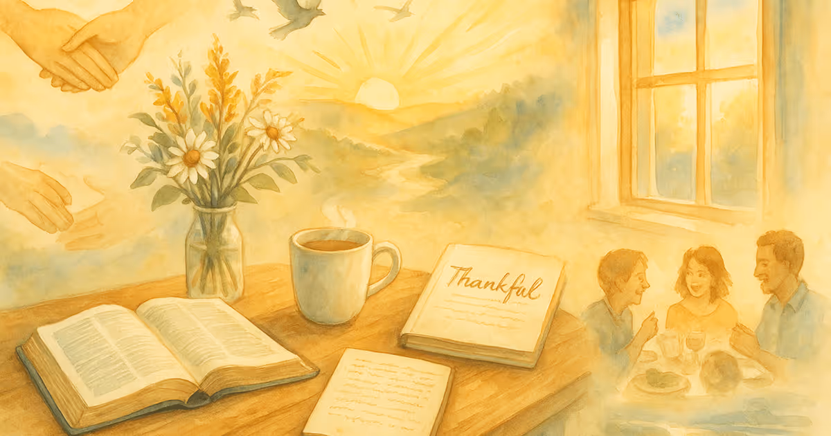 A watercolor illustration featuring an open Bible, a gratitude journal, a cup of coffee, and flowers on a table, with scenes of sunrise, birds, helping hands, and a family sharing a meal.