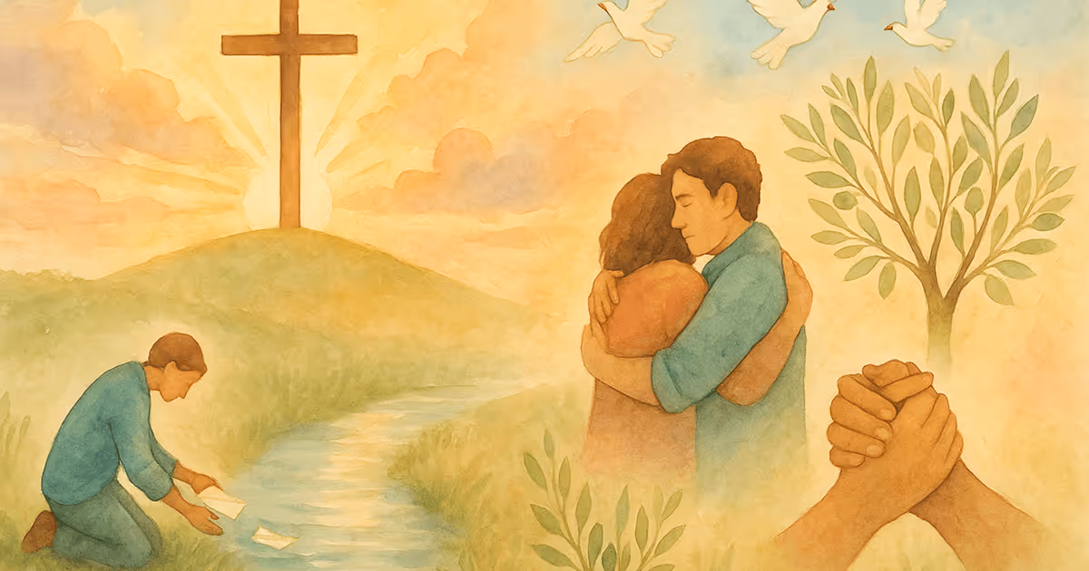 A watercolor illustration with a sunrise behind a cross on a hill, a person kneeling by a stream, a couple embracing, doves flying overhead, and hands clasped together in reconciliation.