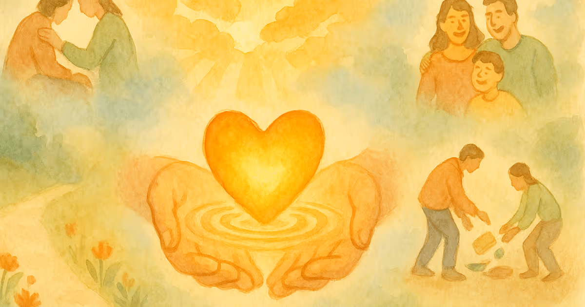 A watercolor illustration showing hands holding a glowing heart, surrounded by scenes of people comforting one another, a family smiling together, and two people helping clean up spilled items.