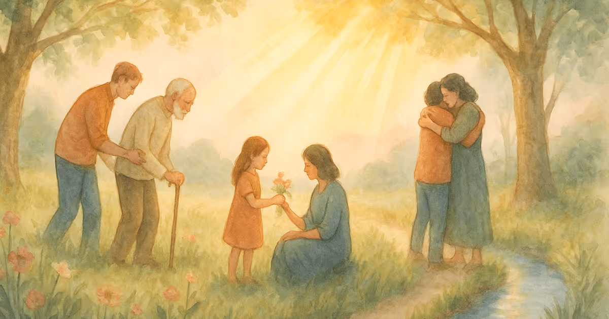 A watercolor illustration showing people caring for one another, including a man supporting an elderly person, a child giving flowers to a woman, and two people embracing in a sunlit meadow with trees and a small stream.