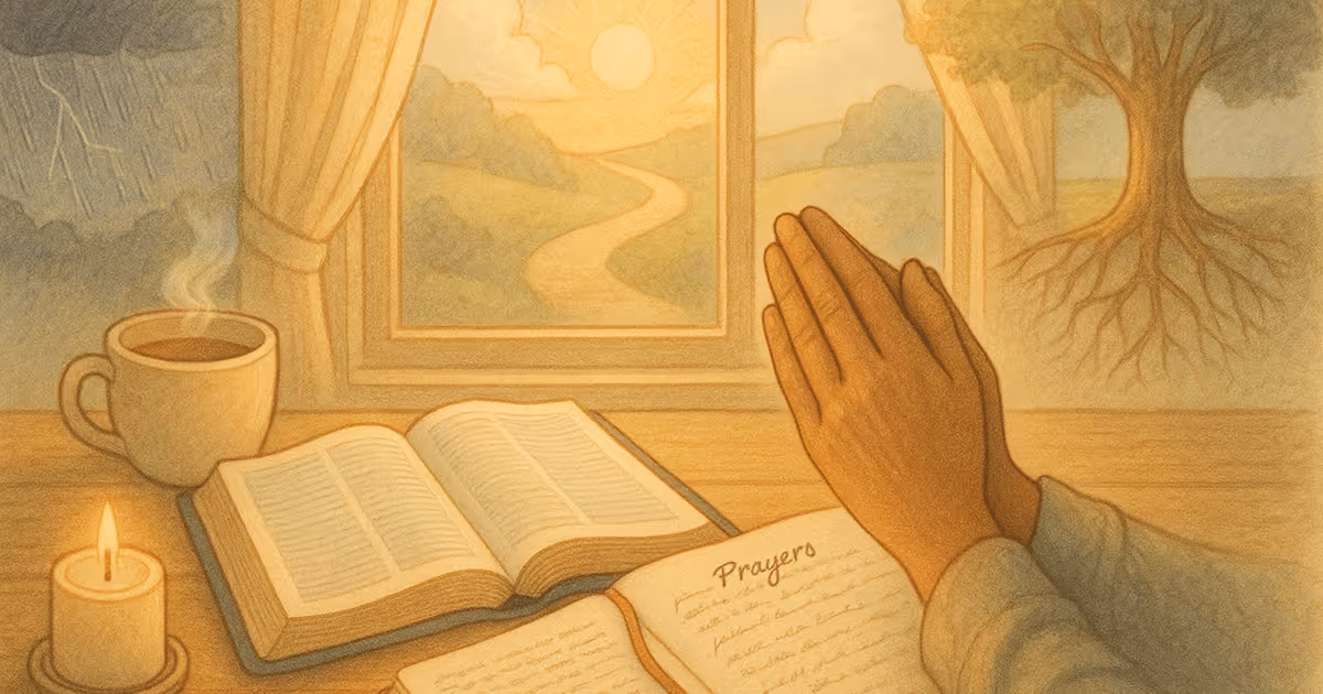 A peaceful illustration of hands folded in prayer beside an open Bible and a prayer journal on a table, with a candle, a cup of coffee, and a sunrise landscape visible through the window.
