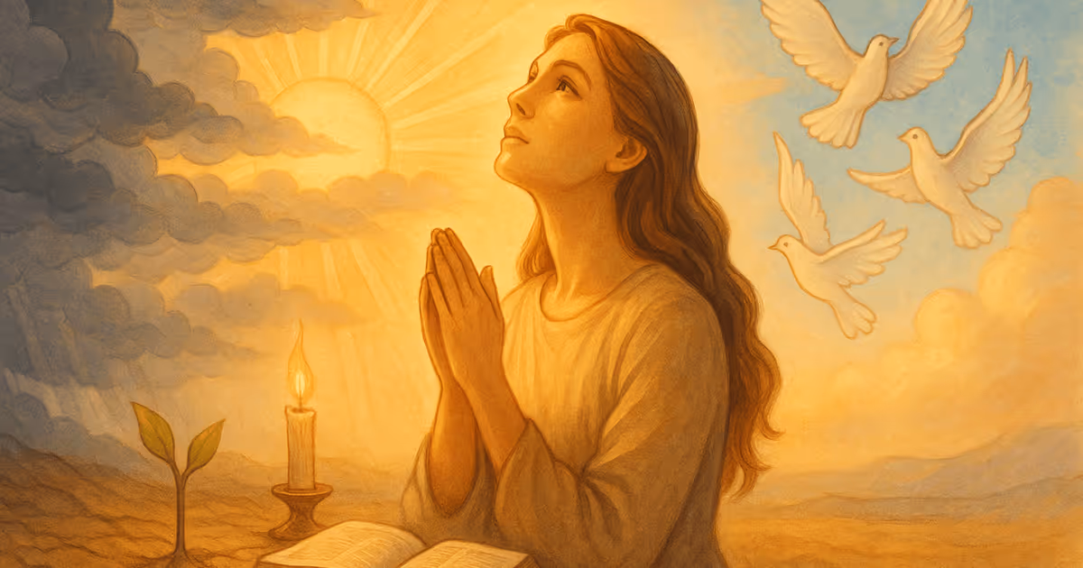 A woman prays with hands clasped while looking upward toward warm sunlight, with doves flying overhead, a candle and an open book beside her, and dark clouds giving way to light.