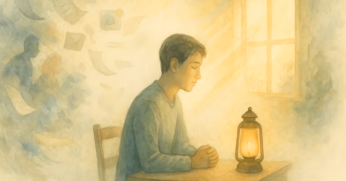A young man sits at a table in prayer beside a glowing lantern, with soft sunlight streaming through a window and faded silhouettes and scattered papers in the background.