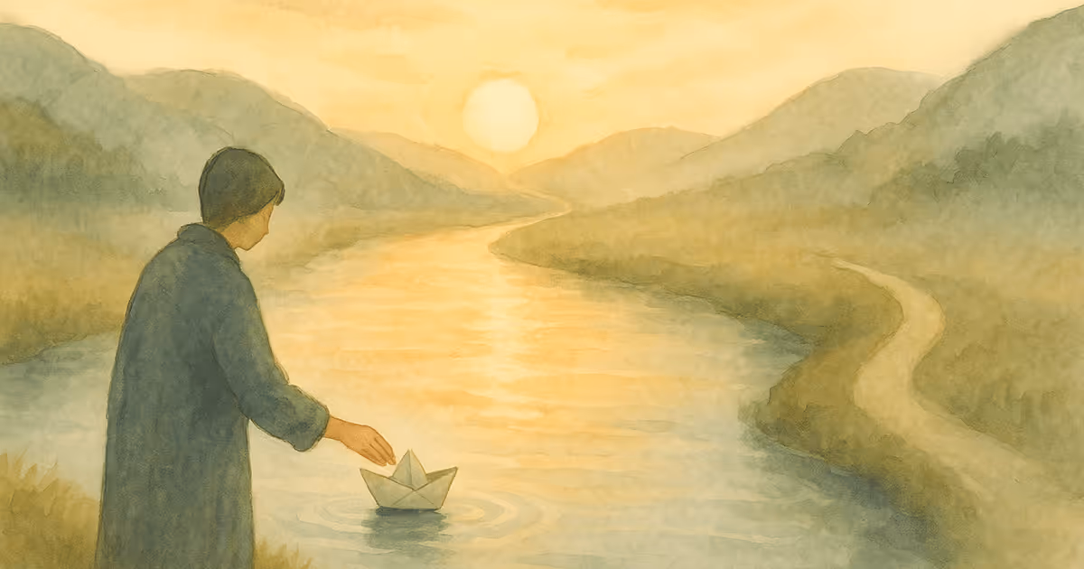 A person releases a small paper boat into a calm river at sunset, surrounded by soft golden light and distant mountain hills, symbolizing trust and letting go.