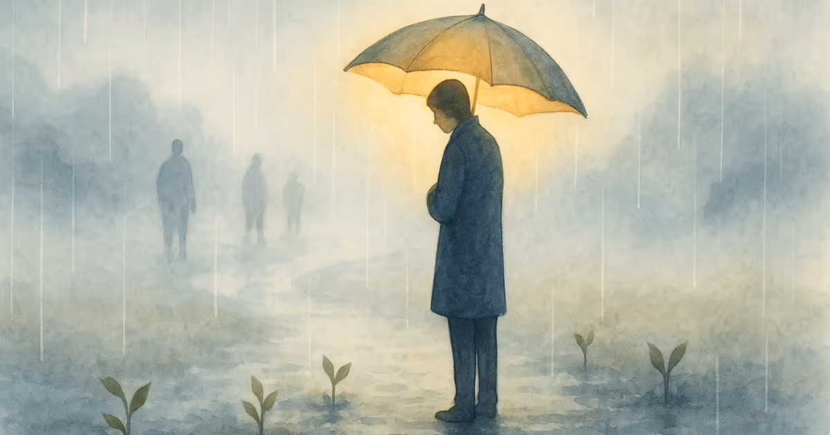 A person stands under an umbrella in the rain, softly illuminated amid a foggy landscape with distant silhouettes and small plants growing around them, symbolizing perseverance and hope.
