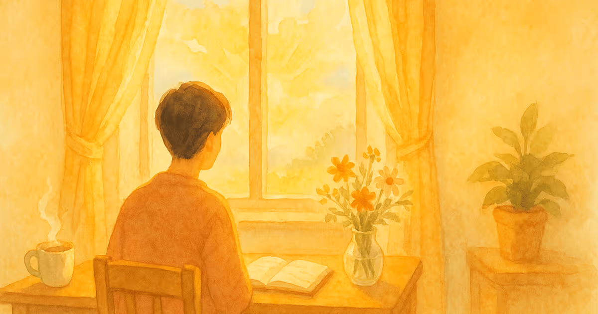 A person sits at a sunlit table with an open book, looking out a bright window framed by warm curtains, with flowers and a coffee cup nearby, symbolizing clarity and reflection.