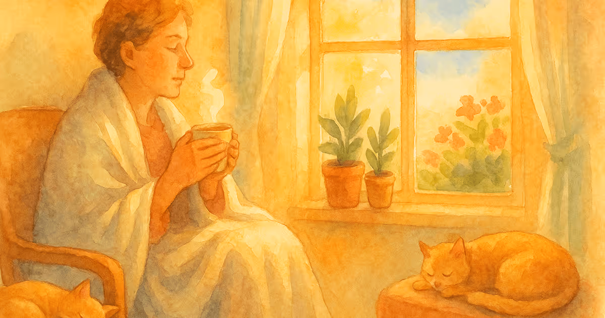 A person wrapped in a blanket sits peacefully with a warm drink near a sunlit window, with houseplants and a sleeping cat nearby, creating a calm scene of contentment.