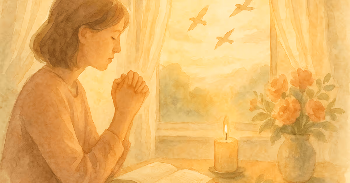 A woman sits in peaceful prayer by a window, hands clasped, with a candle and open book beside her as birds fly across a warm morning sky.