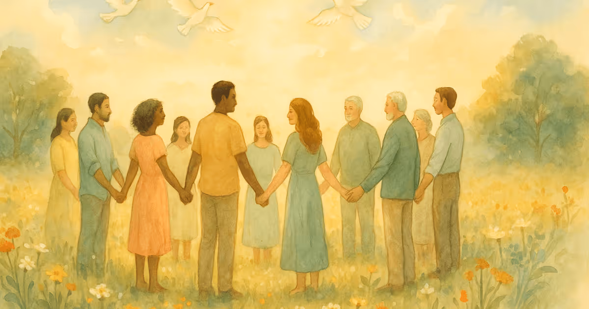 A diverse group of people stand in a circle holding hands in a sunlit meadow, symbolizing unity and peace as white doves fly overhead.