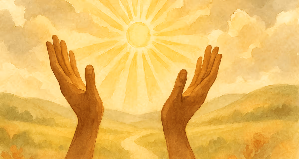 Hands raised toward a radiant sun in a peaceful golden landscape, symbolizing prayer, purpose, and spiritual guidance.