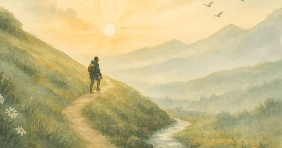 A lone hiker walking along a mountain path at sunrise, overlooking misty valleys and a winding river, symbolizing strength, endurance, and perseverance.