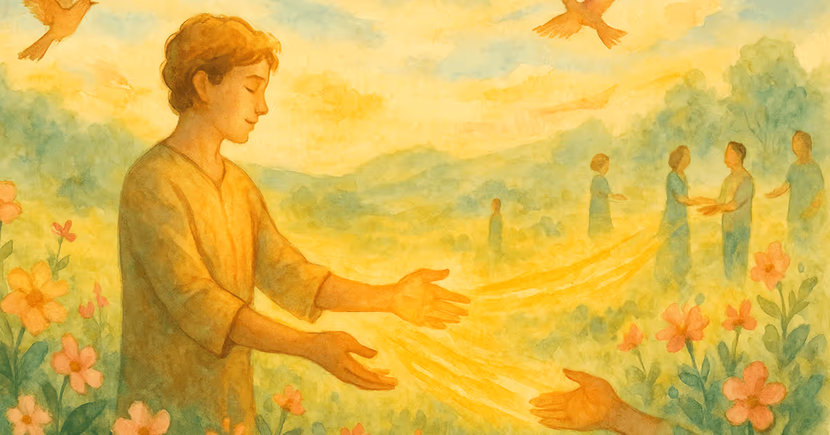 Person extending open hands in a radiant field of flowers, symbolizing generosity, kindness, and sharing blessings with others under warm golden light.