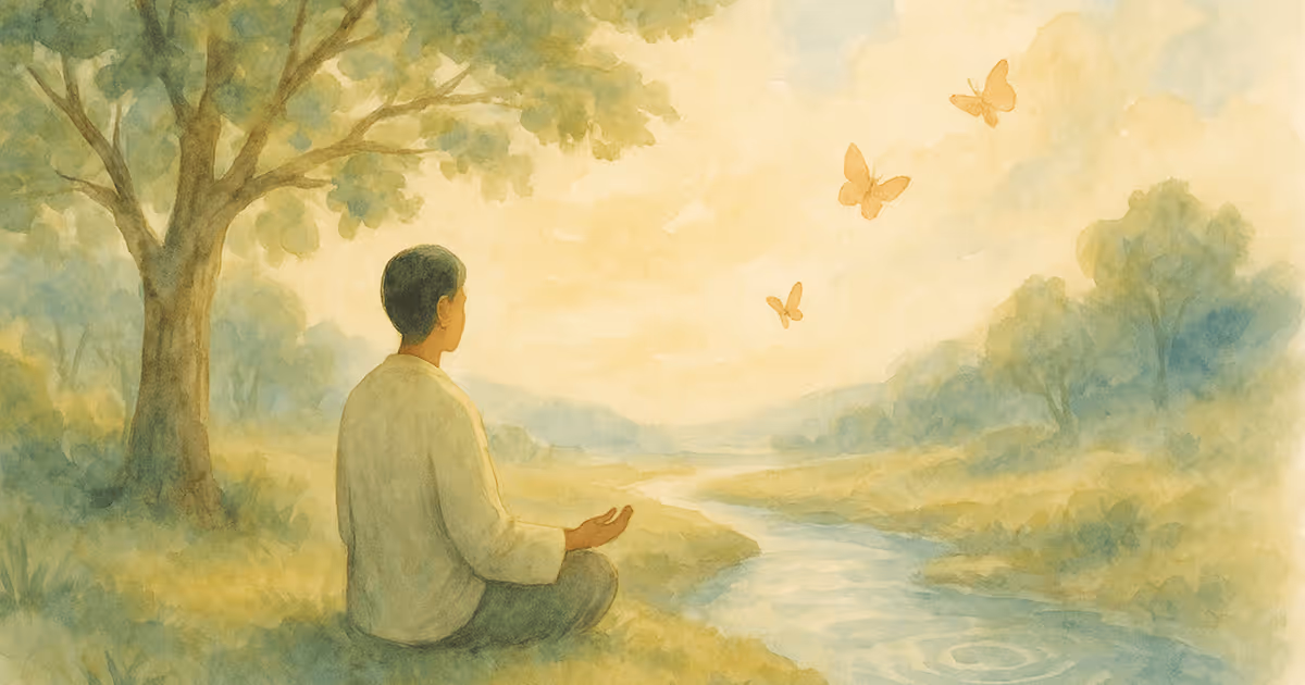 Person sitting peacefully under a tree beside a calm river, watching butterflies in a soft golden landscape, symbolizing mindfulness, presence, and spiritual reflection.