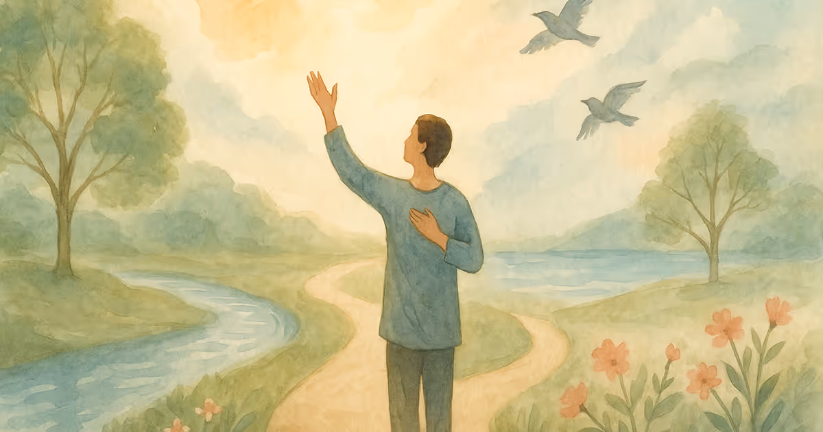 Person standing on a peaceful path with one hand raised to the sky and one hand on their heart, surrounded by trees, flowers, and flying birds, symbolizing balance, grounding, and spiritual harmony.