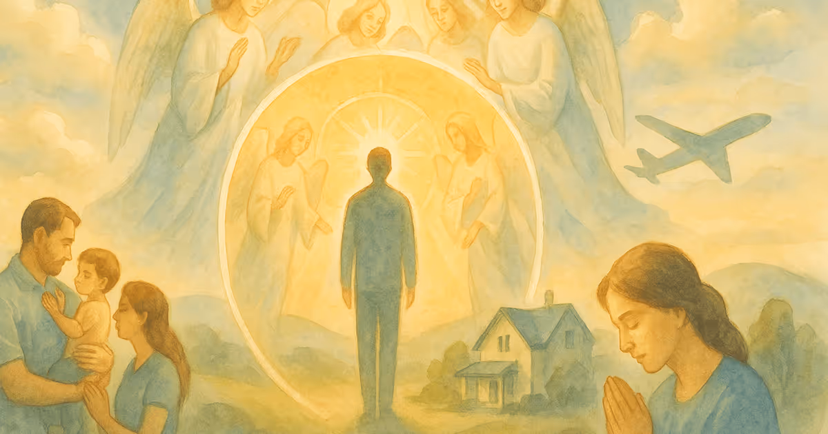 Person surrounded by a glowing circle of angels offering protection, with scenes of a praying woman, a family holding a child, a home, and an airplane in the sky, symbolizing divine safety and guidance.