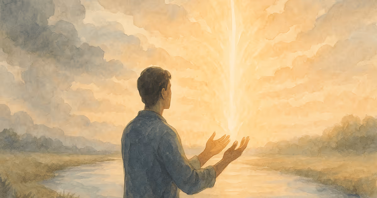 Man standing by a river with his hands raised toward a radiant burst of golden light in the sky, symbolizing release, healing, and seeking peace during moments of anger.