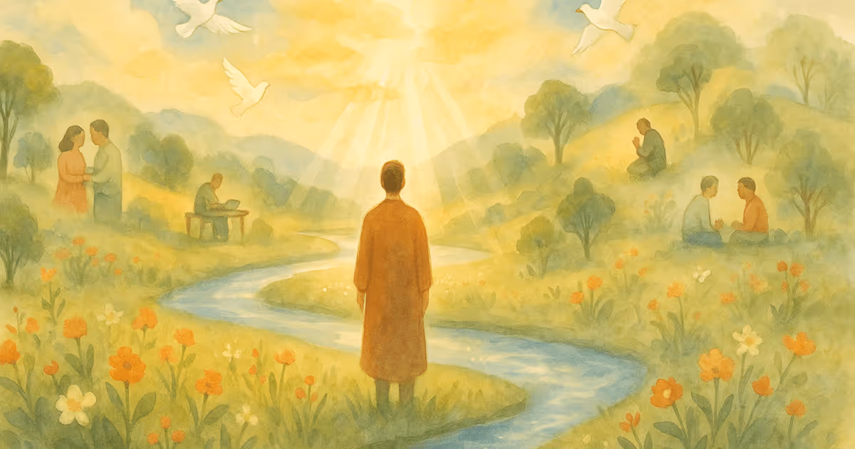 Person standing in a sunlit meadow beside a winding river as rays of light shine down, surrounded by people connecting, praying, and reflecting, symbolizing the blessings of peace, love, and community.