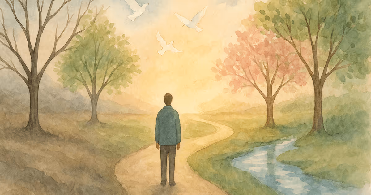 Person standing on a winding path surrounded by trees shifting from barren to blooming, with doves flying overhead and soft sunlight symbolizing transformation and new beginnings.