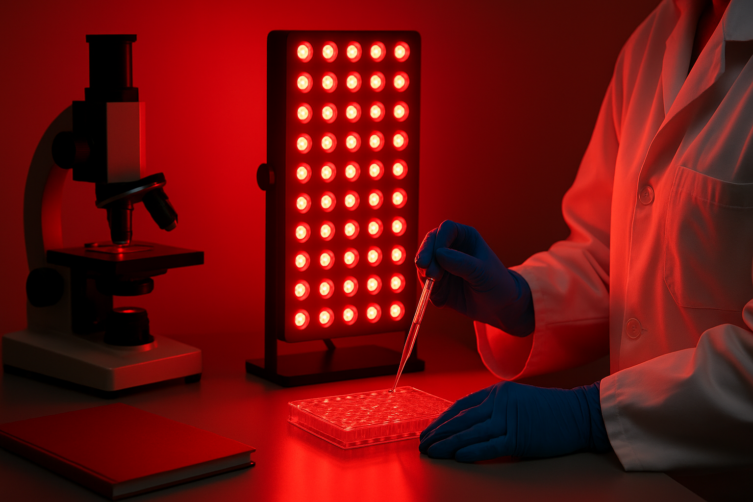 Scientist in a white coat and blue gloves using a pipette on a petri dish under red LED lights with a microscope nearby.