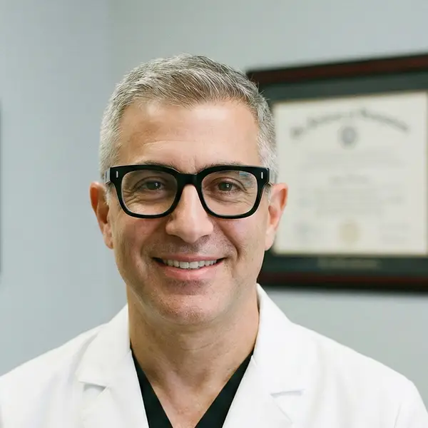 Smiling middle-aged male doctor with gray hair, black glasses, and white coat in an office with a framed diploma on the wall.