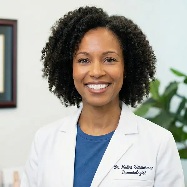Smiling female dermatologist with curly hair wearing a white coat and blue shirt in a clinical setting.