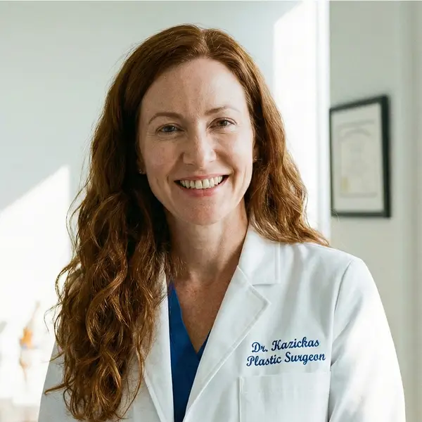 Smiling woman with long curly red hair wearing a white lab coat embroidered with 'Dr. Kazickas Plastic Surgeon.'