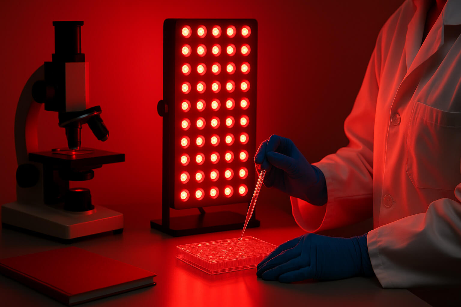 Scientist in a lab coat and blue gloves using a pipette with a red LED light panel and microscope on the table.