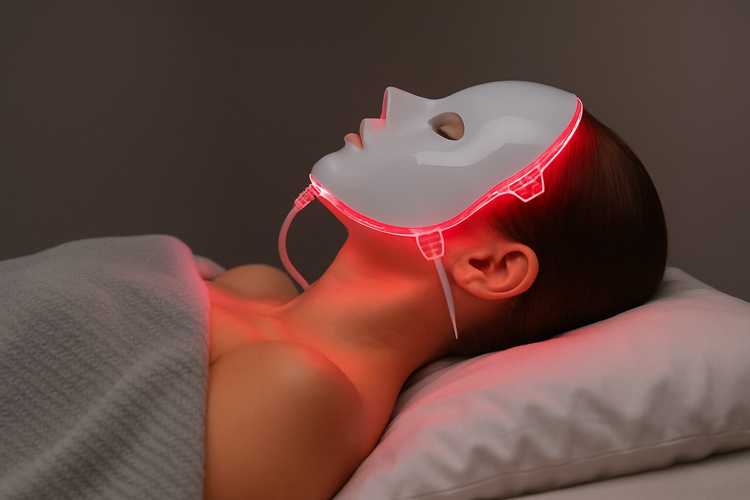 Person lying on a pillow with a white LED red light therapy face mask covering their face.