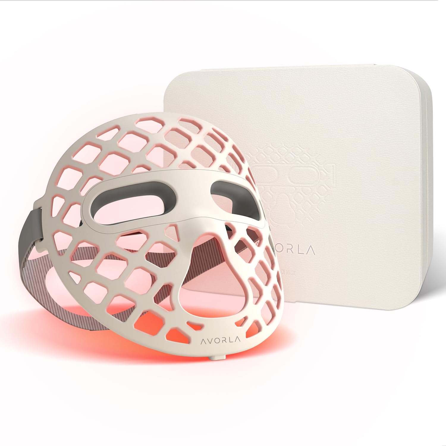 Avorla LED light therapy facial mask with a white perforated design and adjustable strap, displayed beside its textured white storage case.
