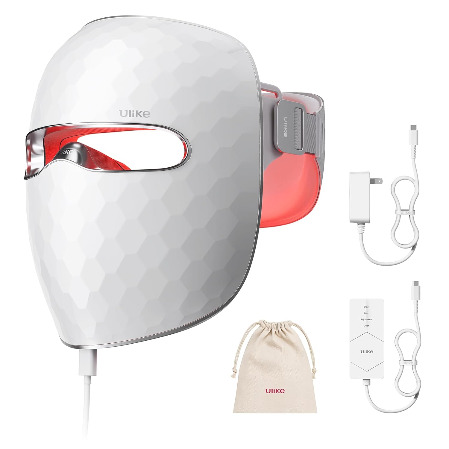 White Ulike LED face mask with red light therapy, adjustable head straps, USB charging cable, control unit, and a small beige storage pouch.