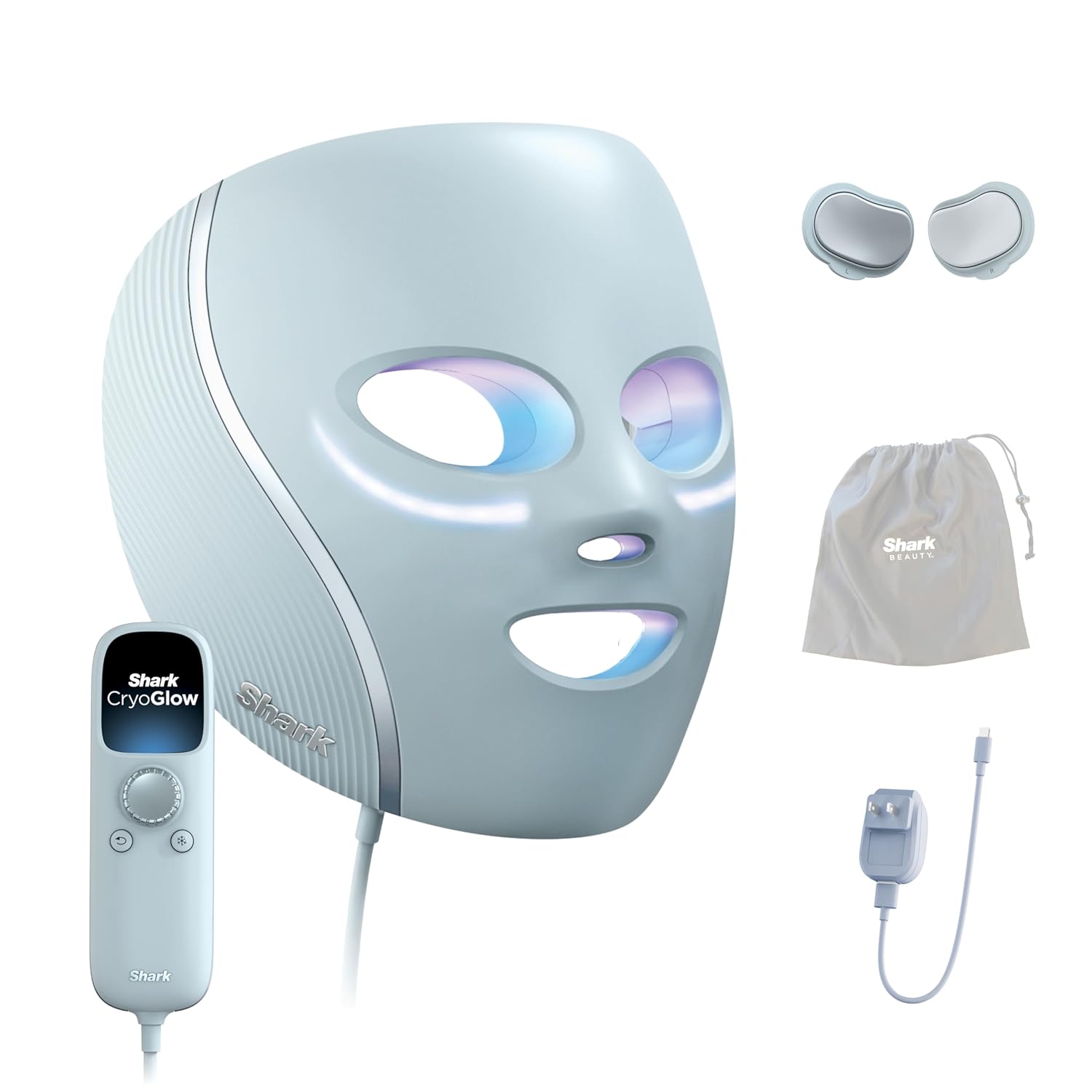 Shark CryoGlow LED face mask with a wired remote control, wireless earbuds, a drawstring storage pouch, and a charging adapter.