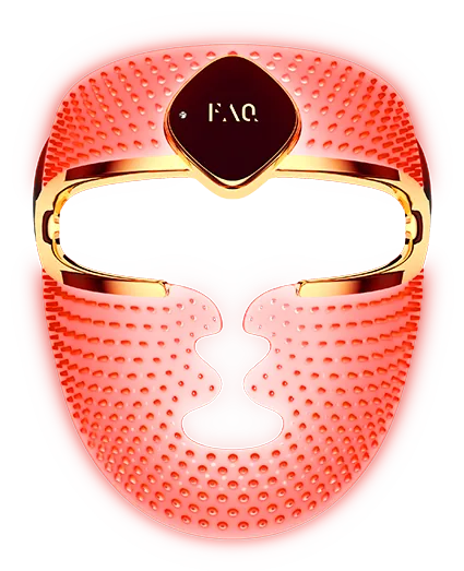 Red and gold LED facial mask with textured surface and a black label reading 'FAQ' at the top center.
