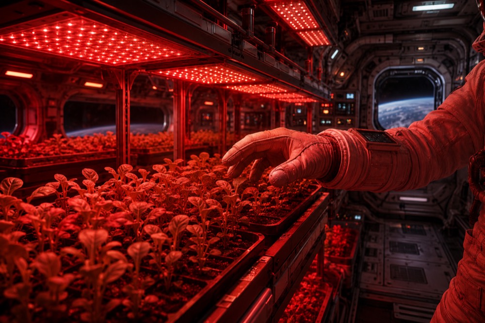 Astronaut tending plants under red LED grow panels aboard a space station