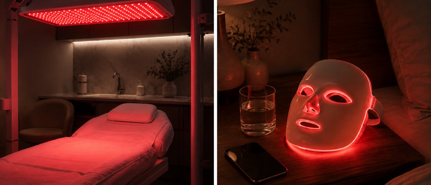 A med-spa LED panel over a treatment bed beside an LED mask on a bedside table at home