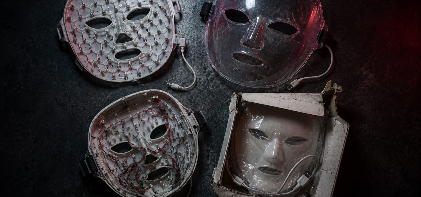 Four cheap LED masks laid out on a dark surface: honeycomb mesh, clear shield, exposed wiring, and an unboxed no-name import